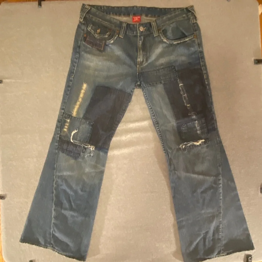 True Religion Joey Mens Patchwork Distressed Flare Jeans Blue 40x32